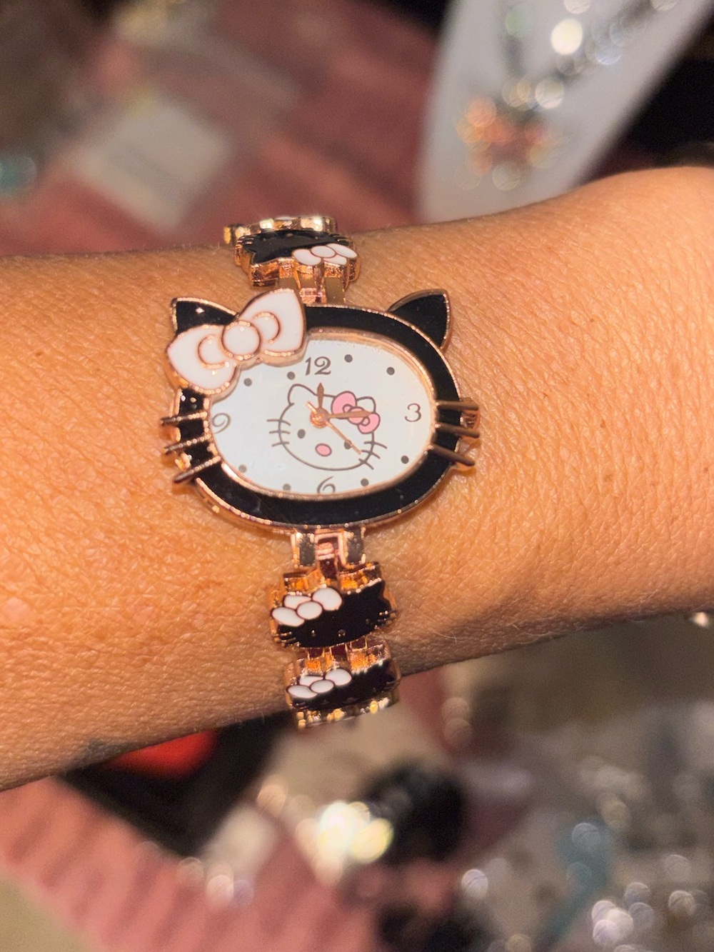 Hello Kitty Black and Rose Gold Cat Face Bracelet Watch